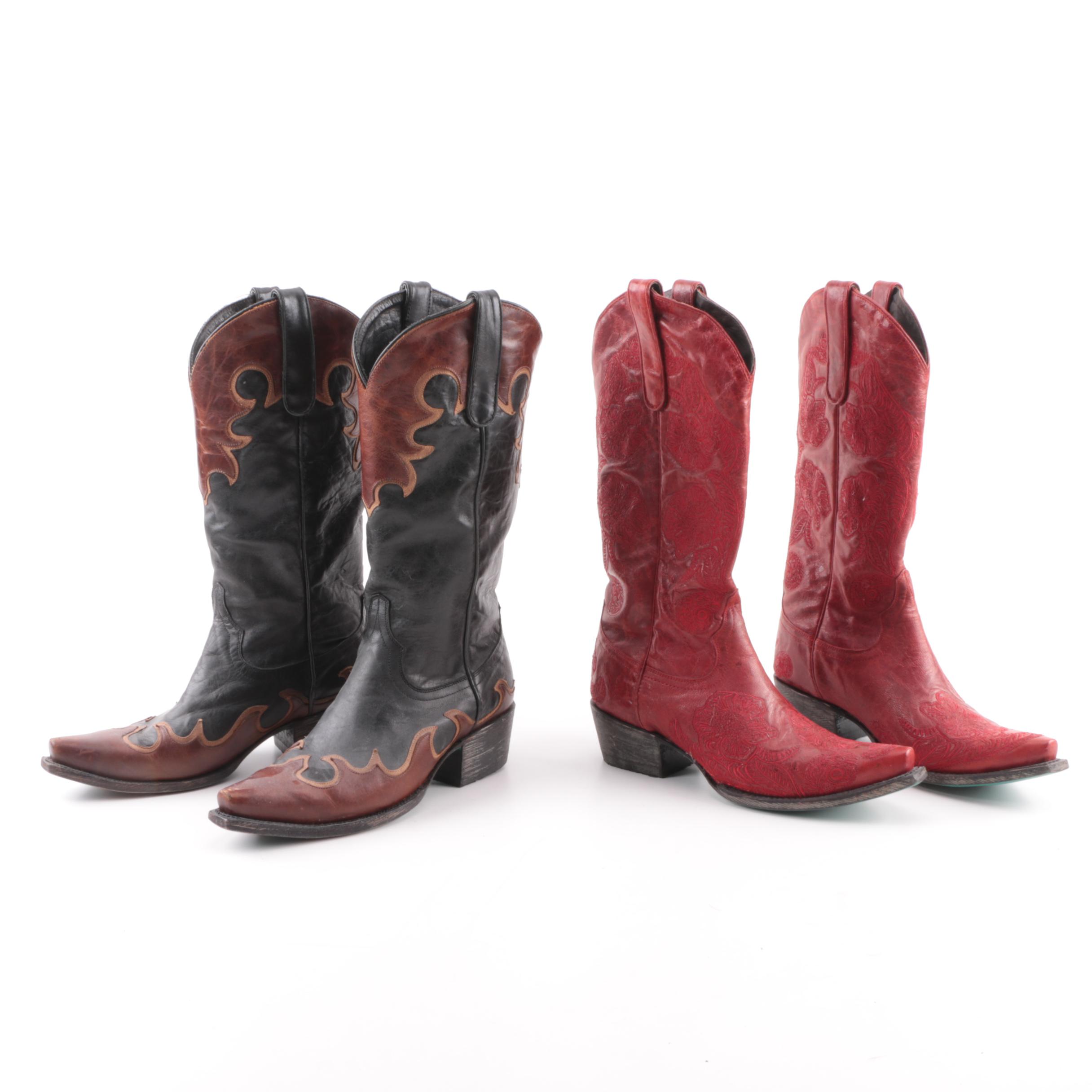 Women's Lane Black and Red Leather Cowboy Boots
