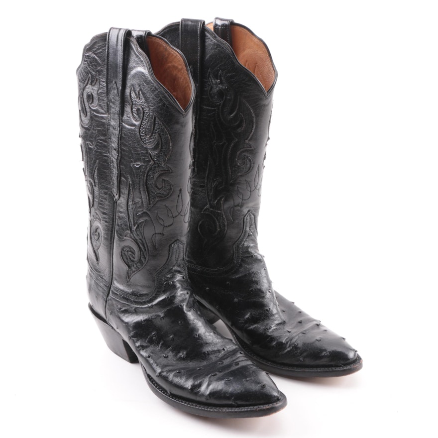 Women's Lucchese Classics Black Leather and Ostrich Skin Western Boots
