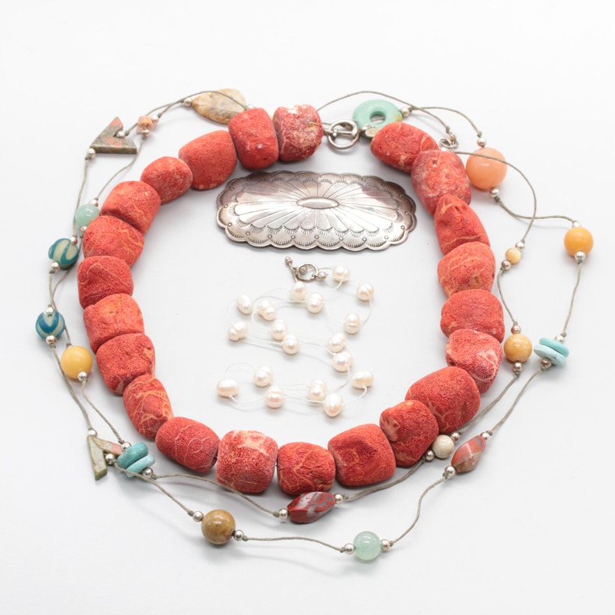 Sterling Silver Necklace and Brooch Selection Including Coral, Pearl and Unakite