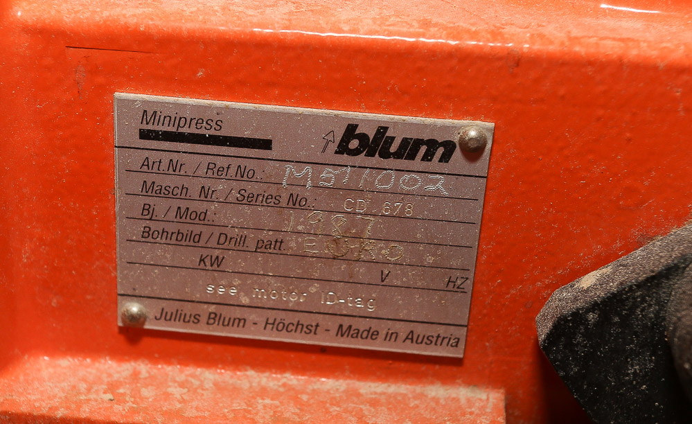 Blum Minipress MSP Hinge-Hole Boring Machine with Juniorpress Attachment