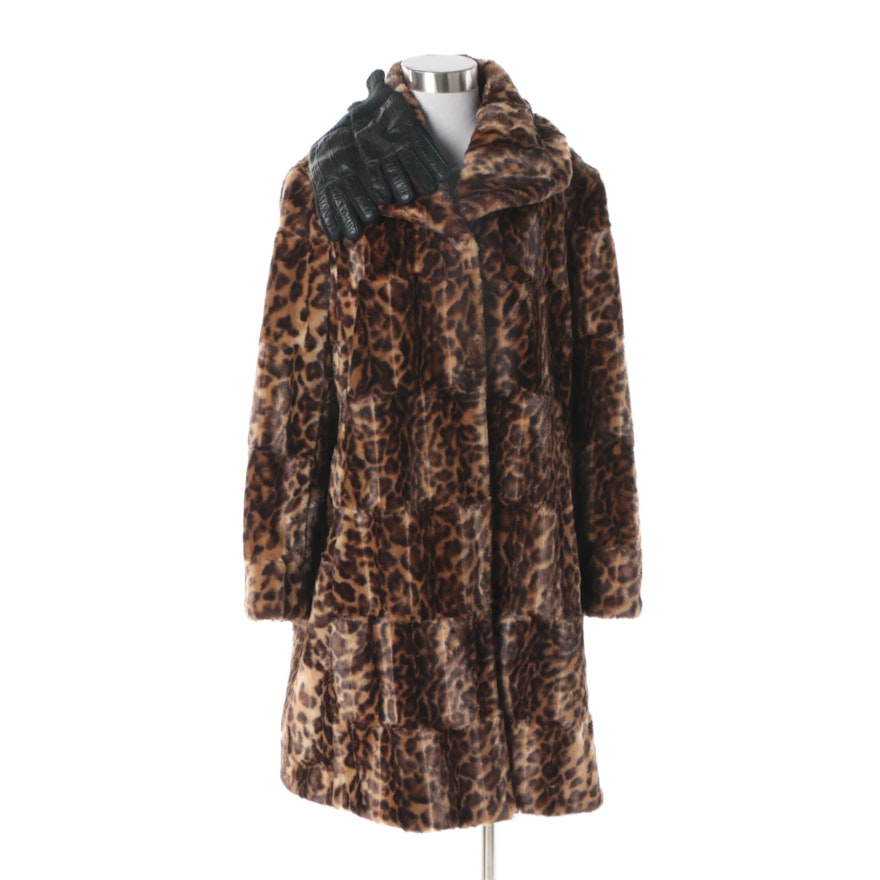 Women's Jones New York Leopard Print Faux Fur Coat with Leather Gloves