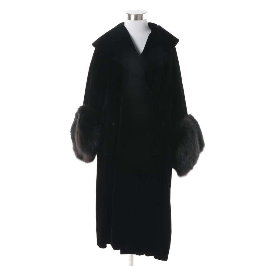 Vintage Black Velveteen Swing Coat with Fox Fur Cuffs