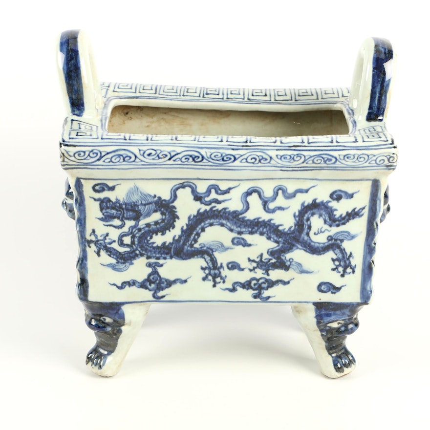 Chinese Hand-Painted Blue and White Dragon Motif Footed Censer