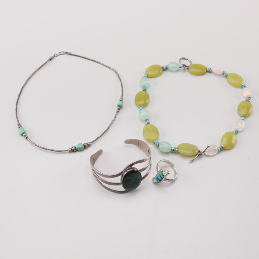 Sterling Silver Jewelry Selection Including Abalone, Rose Quartz and Prehnite