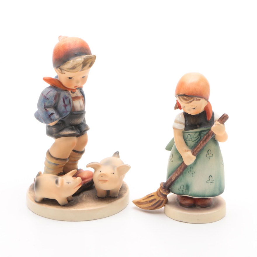 Goebel Hummel "Farm Boy" and "Little Sweeper" Porcelain Figurines