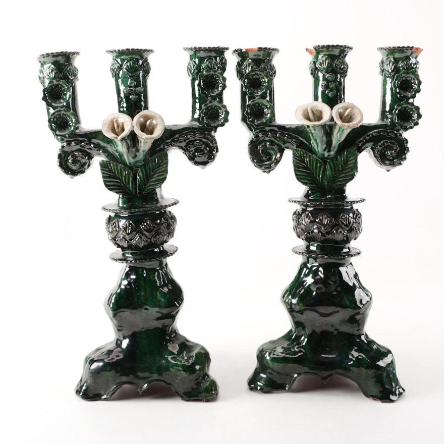 Vintage Mexican-Style Glazed Terracotta Candelabras