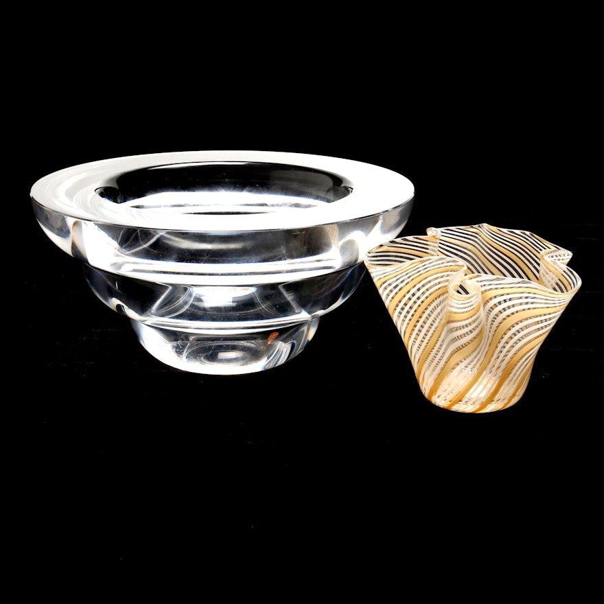 Kosta Boda Crystal Bowl with Striped Handkerchief Bowl