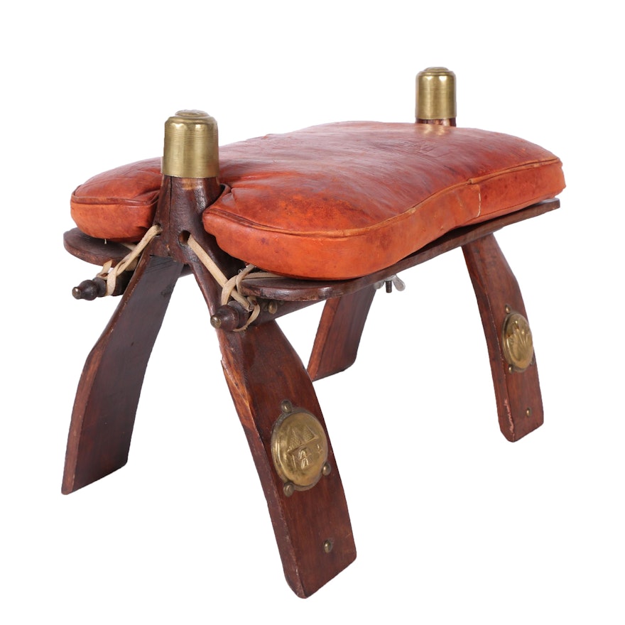 Vintage Egyptian Camel Saddle Footstool with Leather Cushion