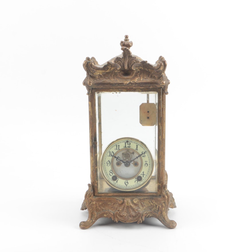 Antique New Haven Clock Co. Gilt Bronze and Glass Mantel Clock