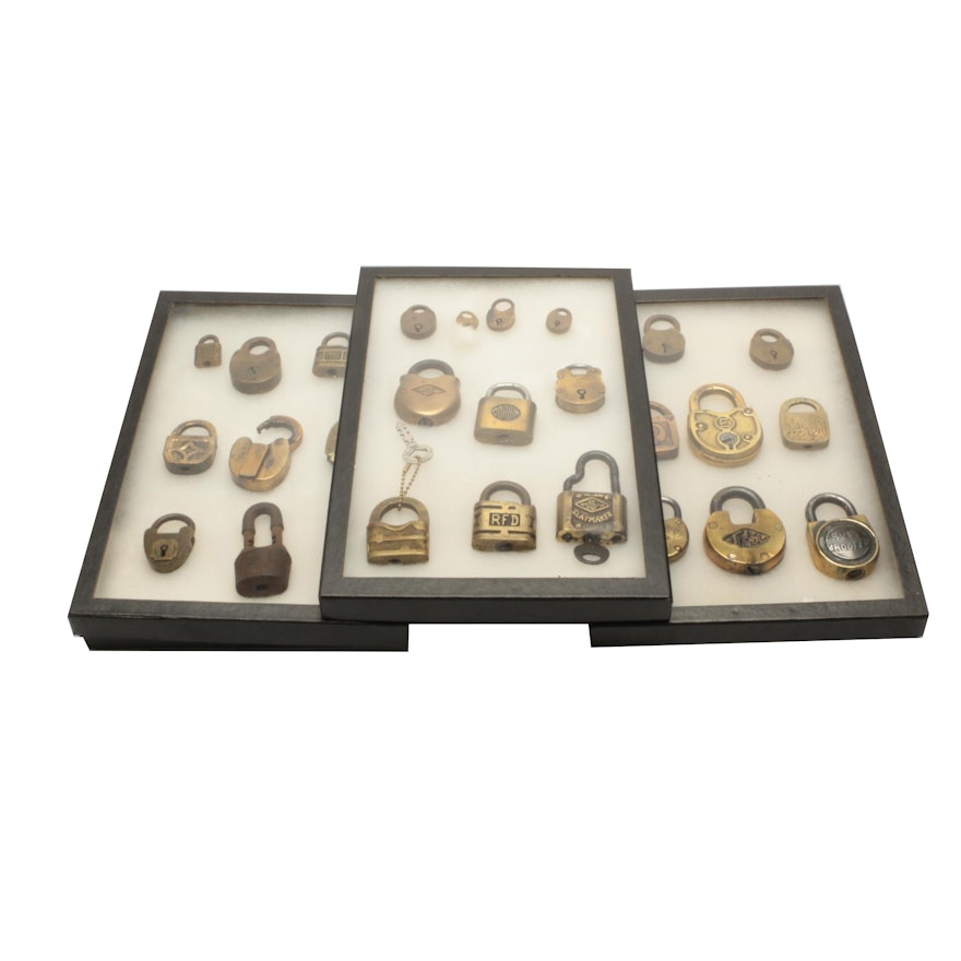 Vintage Pad Lock Collection in Display Cases