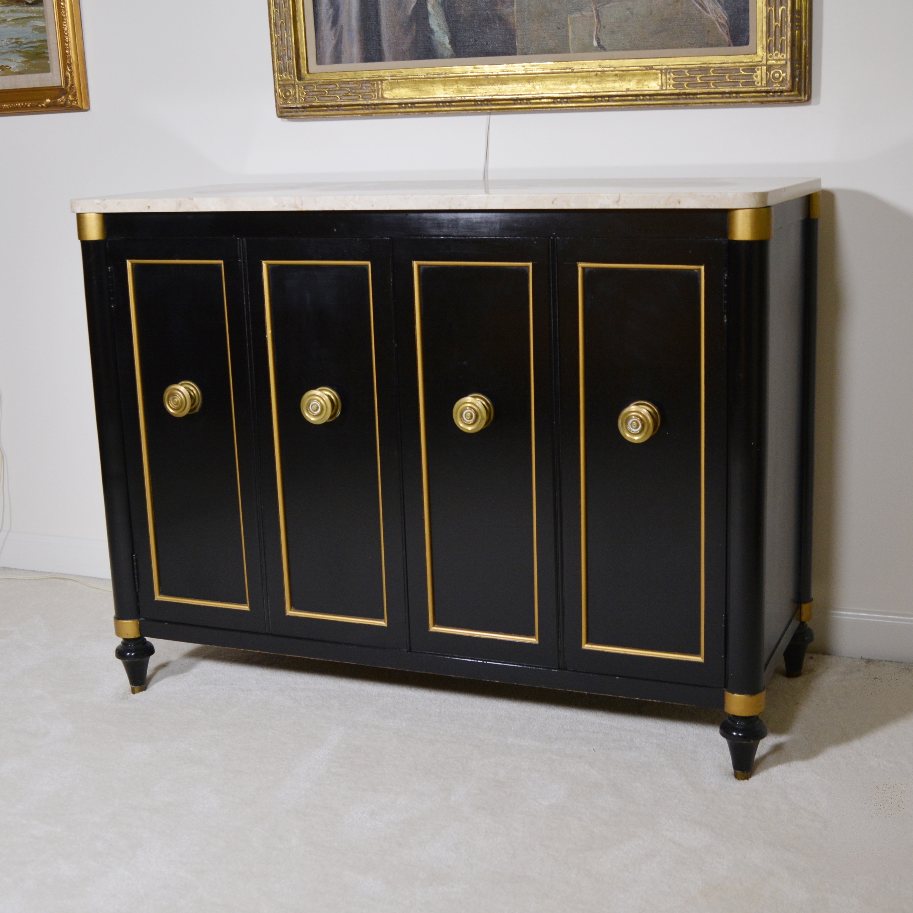 Regency Style Marble Top Black Cabinet by Brandt