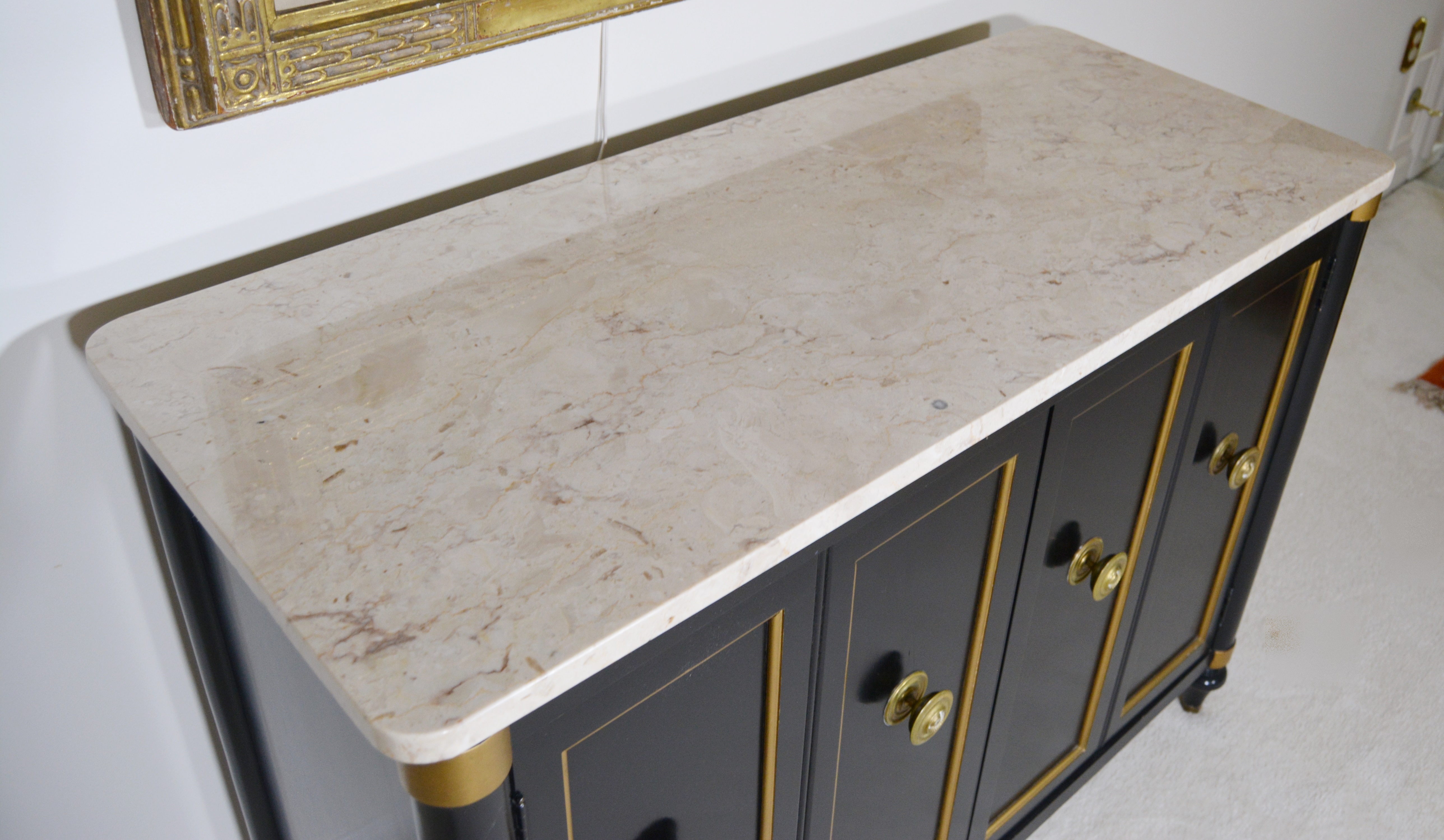 Regency Style Marble Top Black Cabinet by Brandt
