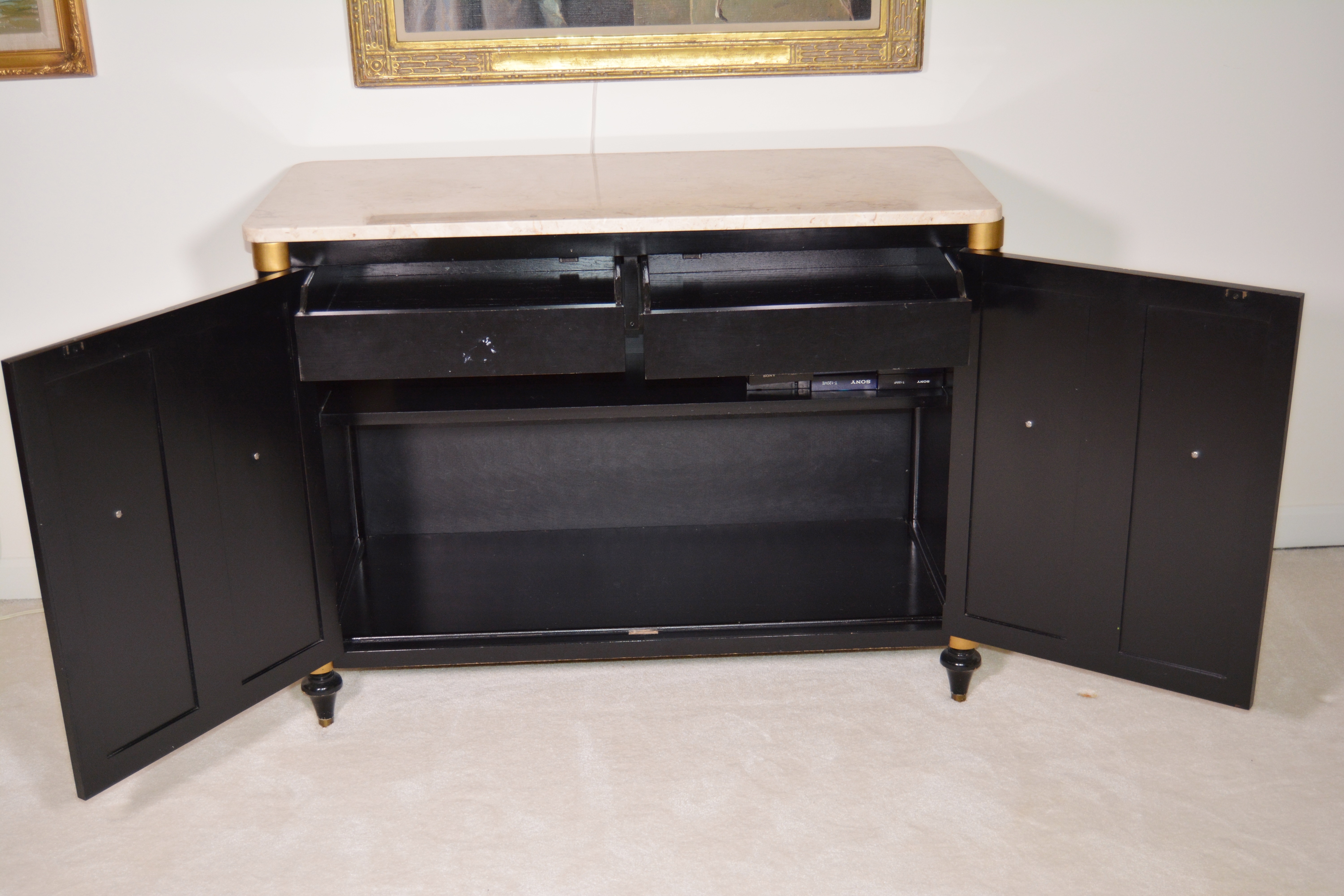 Regency Style Marble Top Black Cabinet by Brandt