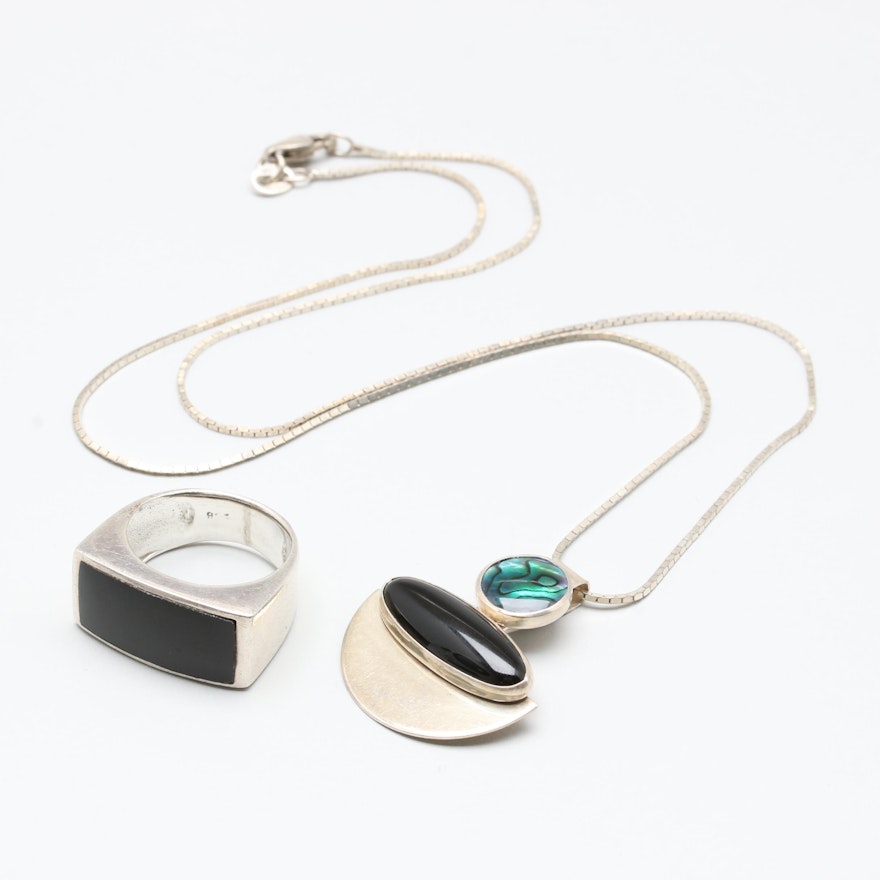 Sterling Silver Necklace and Ring Including Abalone and Black Onyx