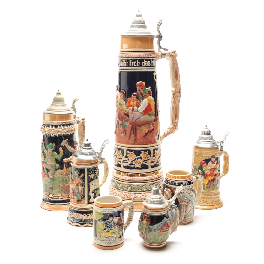 Collection of Seven Vintage German Beer Steins