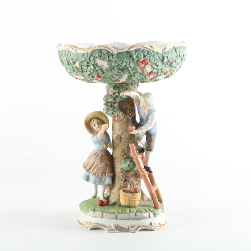 Vintage Ardco Bisque Porcelain Compote with Apple Tree Harvest Motif