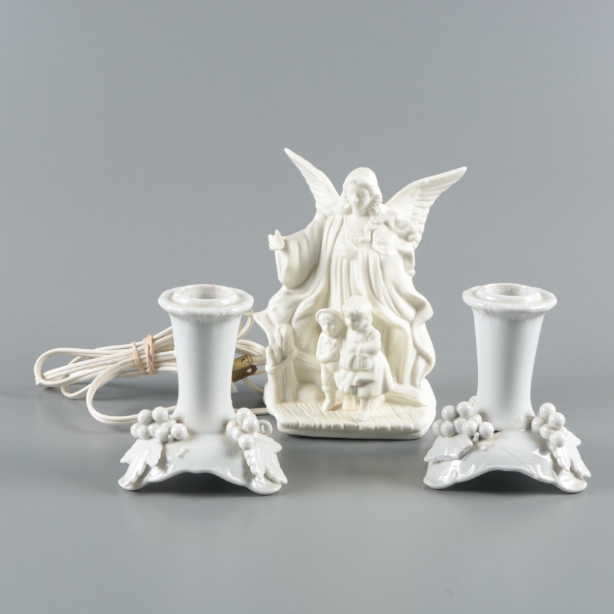 Lefton "Guardian Angel" Night Light with Arco Blanc de Chine Candleholders