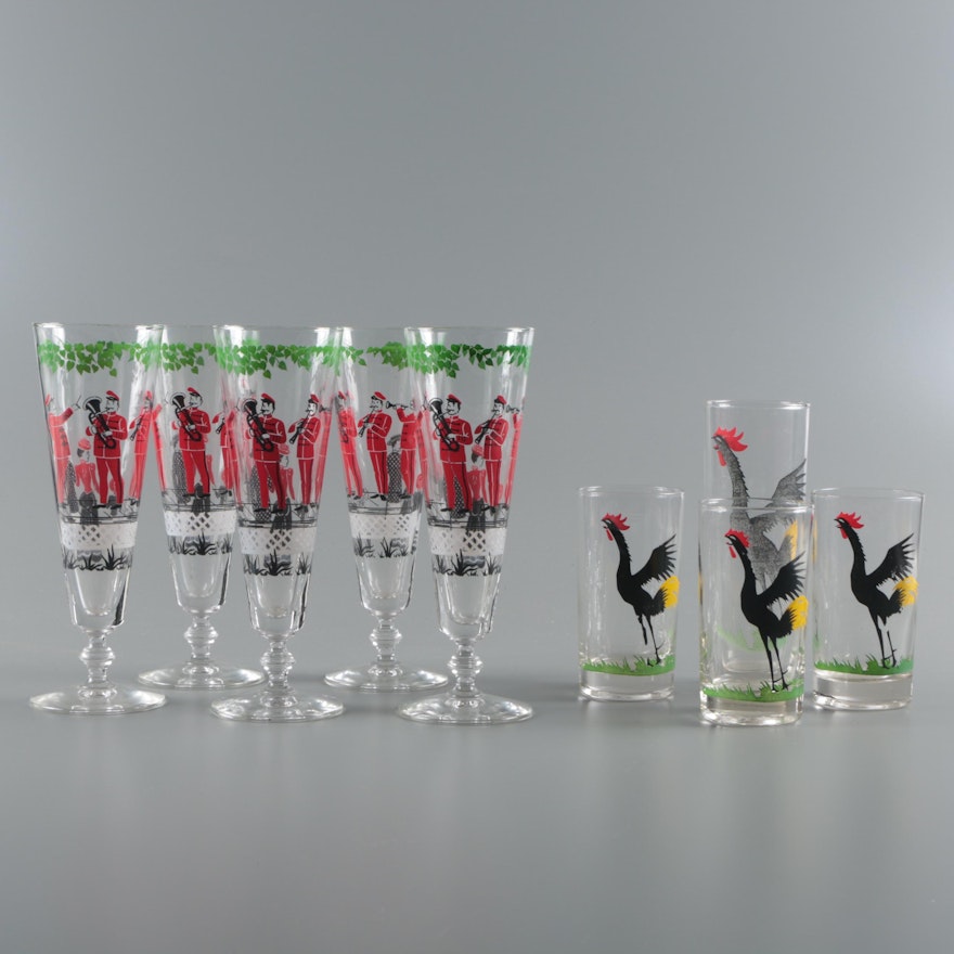 Bandstand Stemware with Vintage Federal Glass Rooster Tumblers