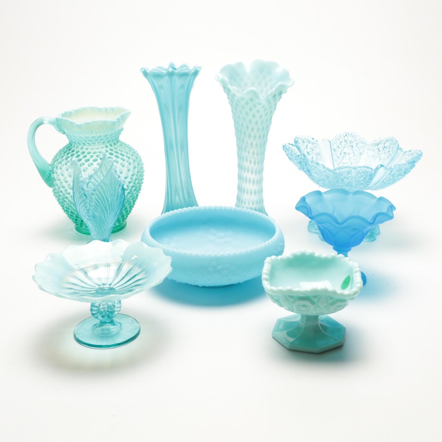 Collection of Glass Decor in Blue Including a Fenton Pitcher