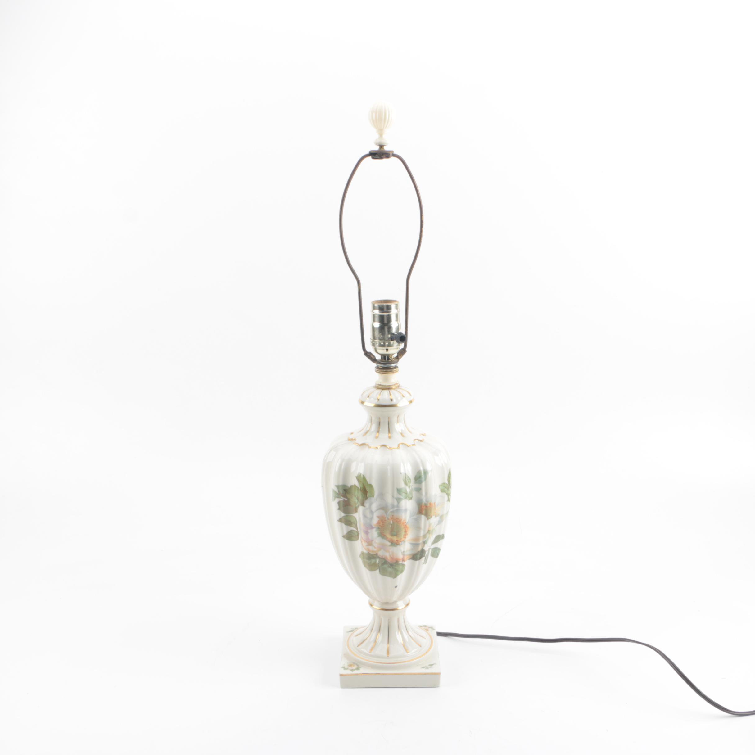 Magnolia Themed Ceramic Urn Shaped Table Lamp with Gilt Trim