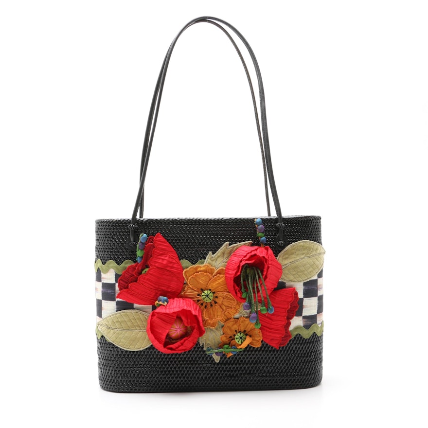 MacKenzie-Childs Floral Embellished Black Woven Wicker Tote