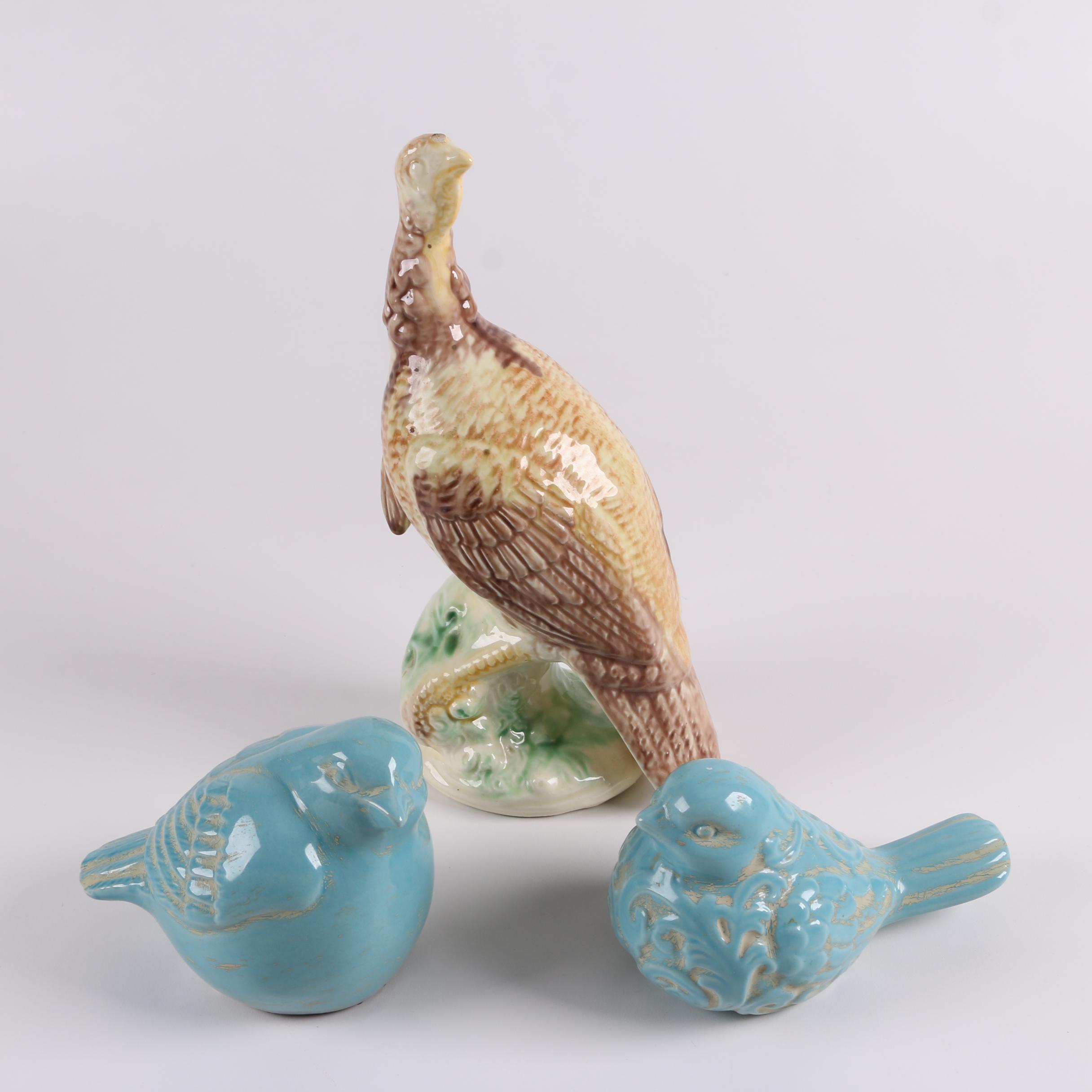 Blue Bird and Wild Turkey Ceramic Figurines
