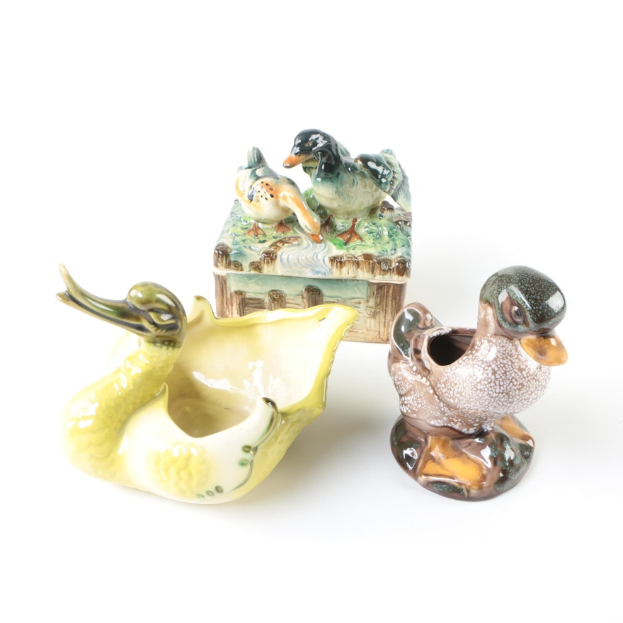 Vintage Ceramic Duck Themed Planters and Trinket Box