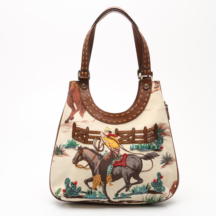 Isabella Fiore Cowboy Motif Shoulder Bag Embellished with Beads