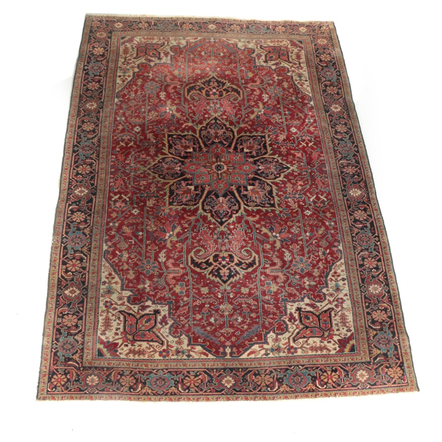 Antique Hand-Knotted Persian Heriz Wool Area Rug