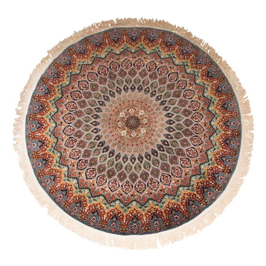 Ornate Hand-Knotted Circular Indo-Persian Area Rug