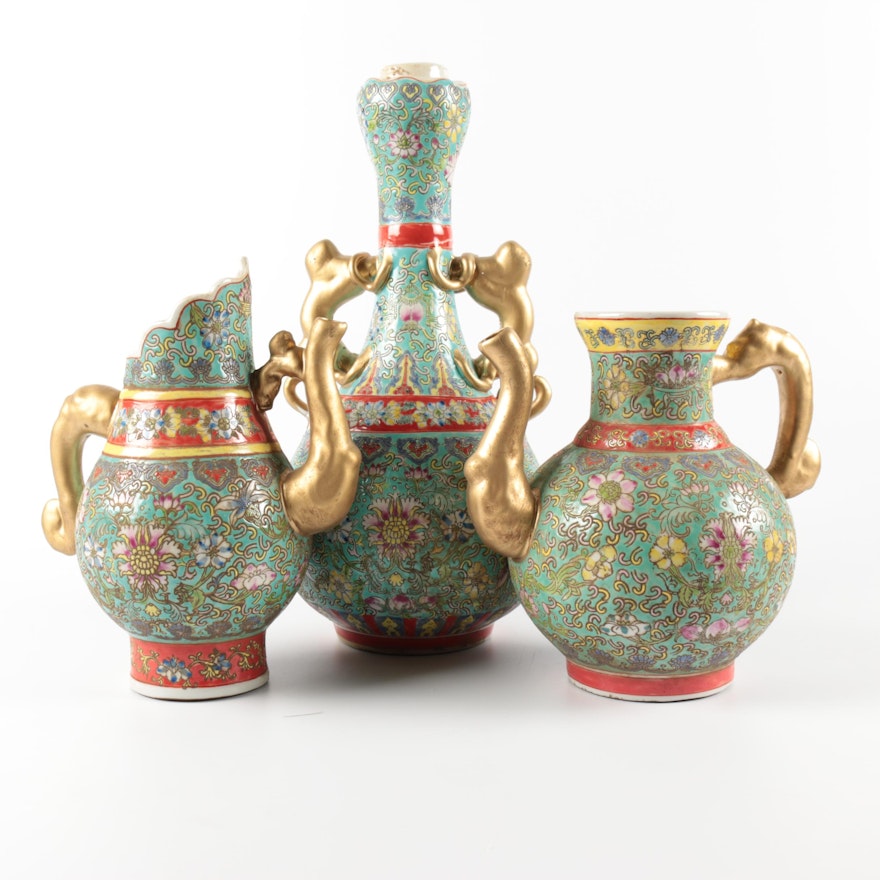Chinese Floral Themed Ceramic Teapots and Vase with Gilt Handles and Spouts