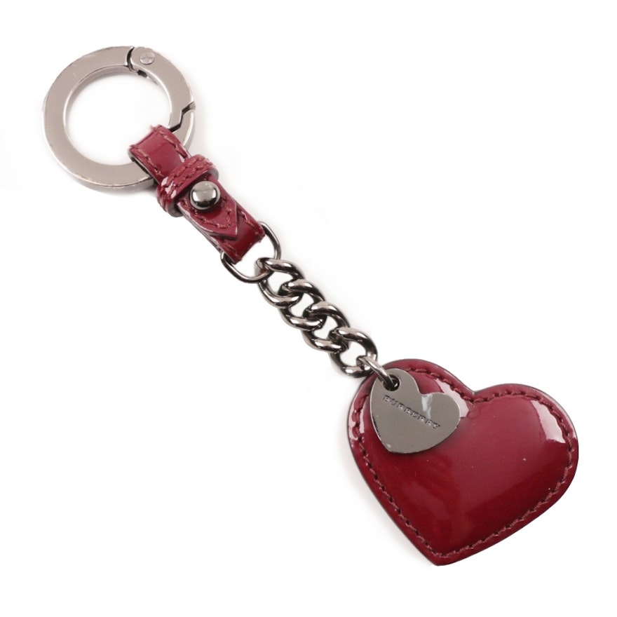 Burberry Burgundy Patent Leather and Chain Heart Key Fob