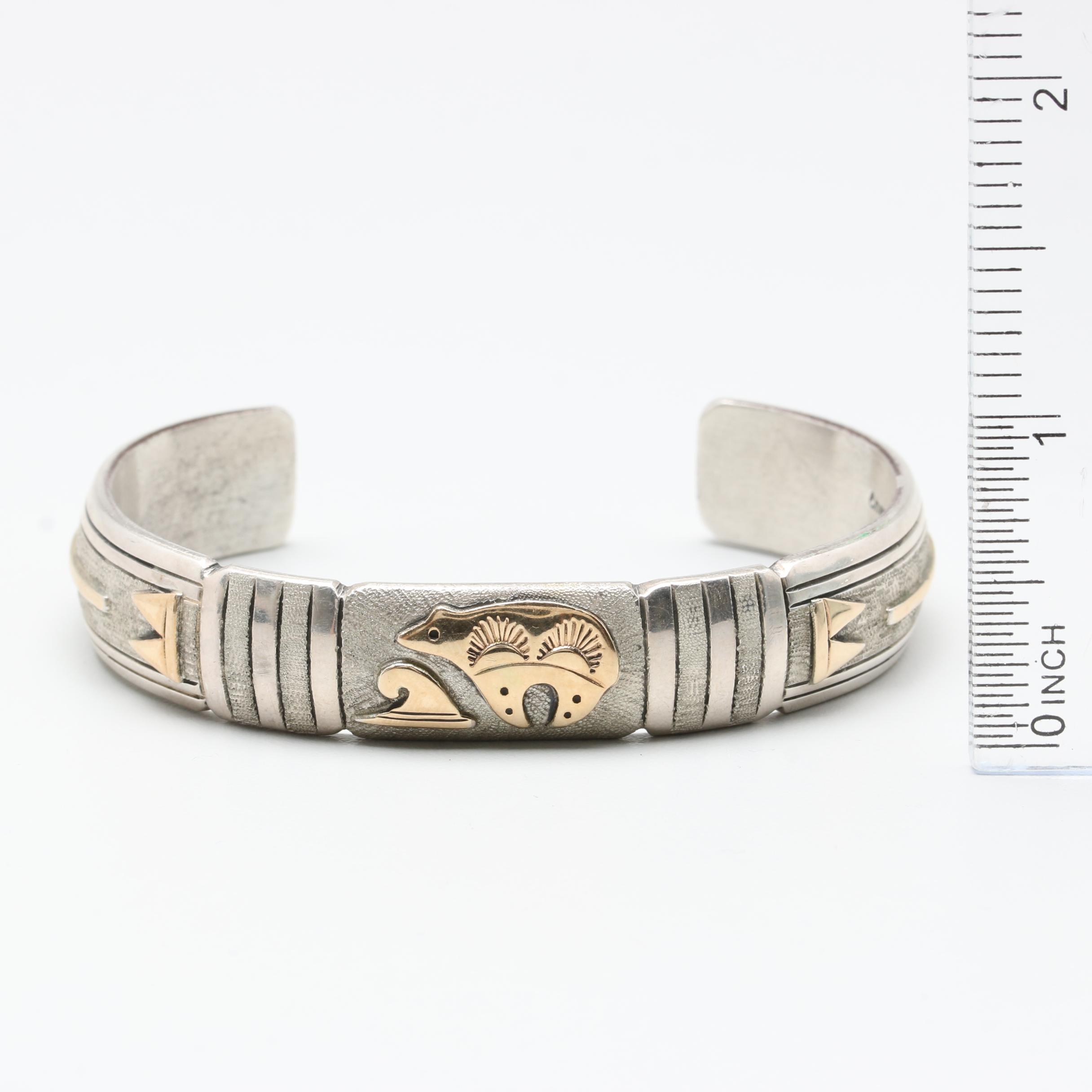 Emer Thompson Navajo Diné Sterling Silver and 14K Yellow Gold Cuff Bracelet