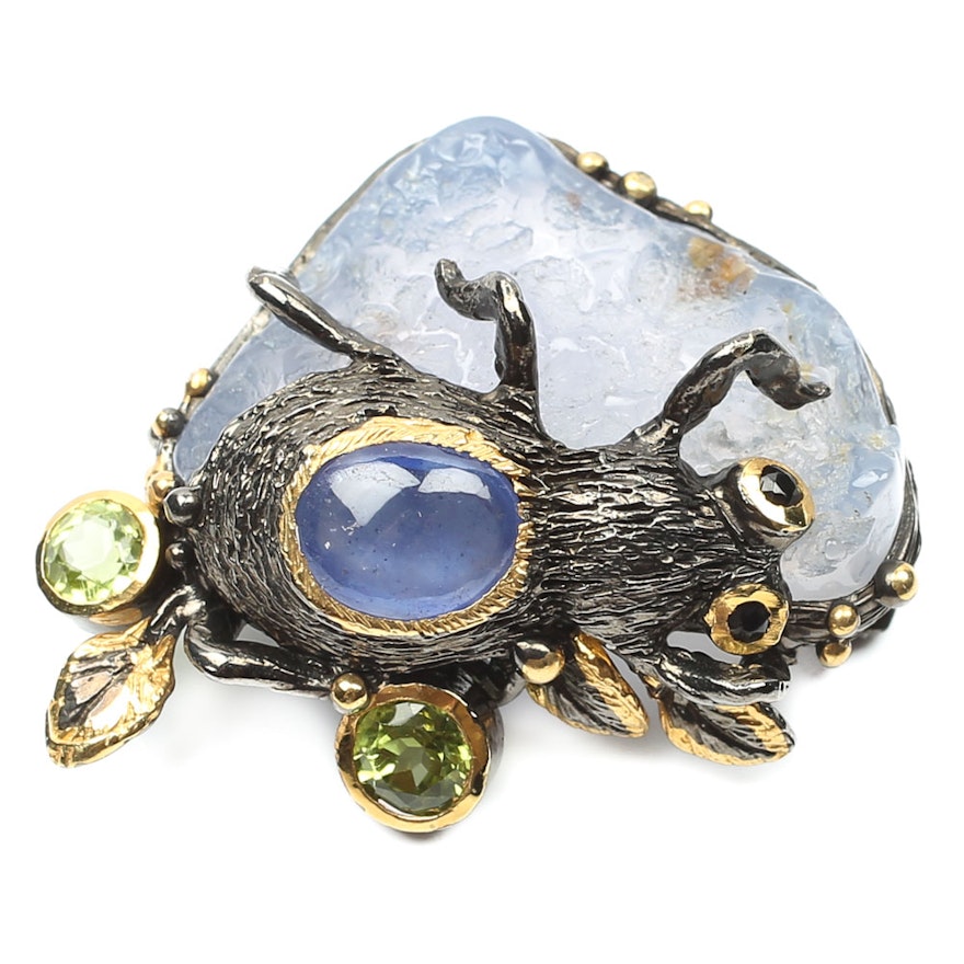 Sterling Lavender Chalcedony, Peridot, 1.00 CT Tanzanite and Black Spinel Brooch