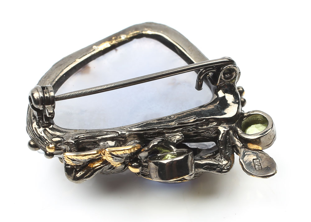 Sterling Lavender Chalcedony, Peridot, 1.00 CT Tanzanite and Black Spinel Brooch