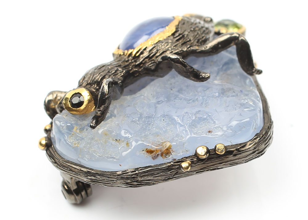 Sterling Lavender Chalcedony, Peridot, 1.00 CT Tanzanite and Black Spinel Brooch