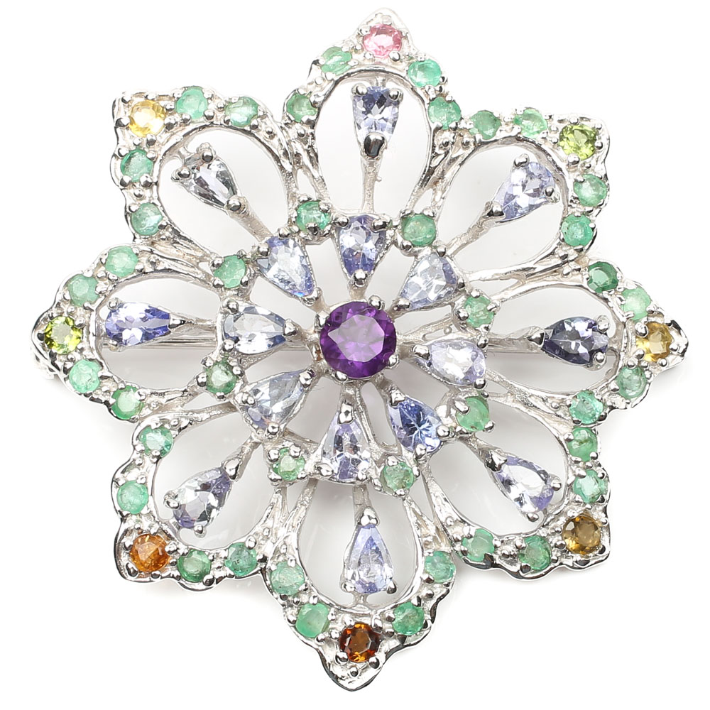 Sterling 3.20 CTW Tanzanite, 1.20 CTW Emerald, Tourmaline, Amethyst Brooch