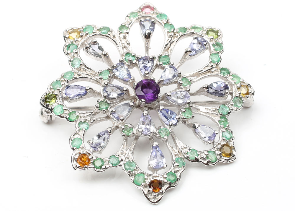 Sterling 3.20 CTW Tanzanite, 1.20 CTW Emerald, Tourmaline, Amethyst Brooch