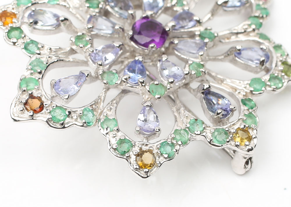 Sterling 3.20 CTW Tanzanite, 1.20 CTW Emerald, Tourmaline, Amethyst Brooch