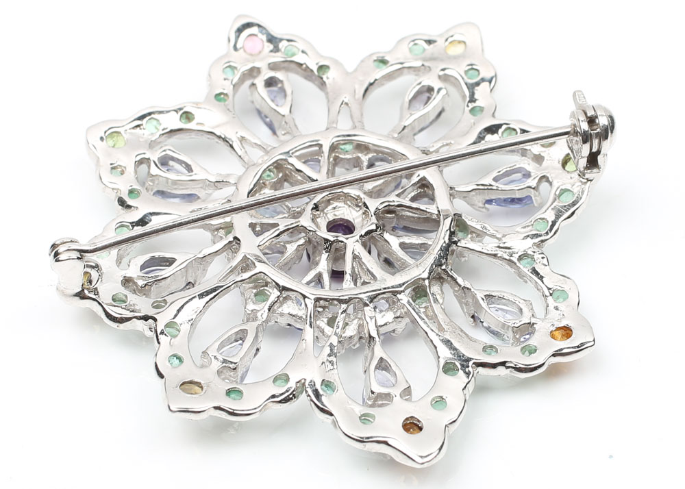 Sterling 3.20 CTW Tanzanite, 1.20 CTW Emerald, Tourmaline, Amethyst Brooch