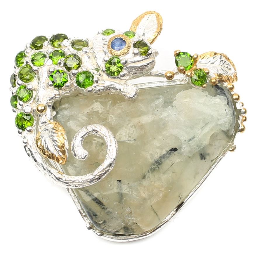 Sterling Prehnite, 1.60 CTW Peridot and Sapphire Gecko Brooch with Gold Wash