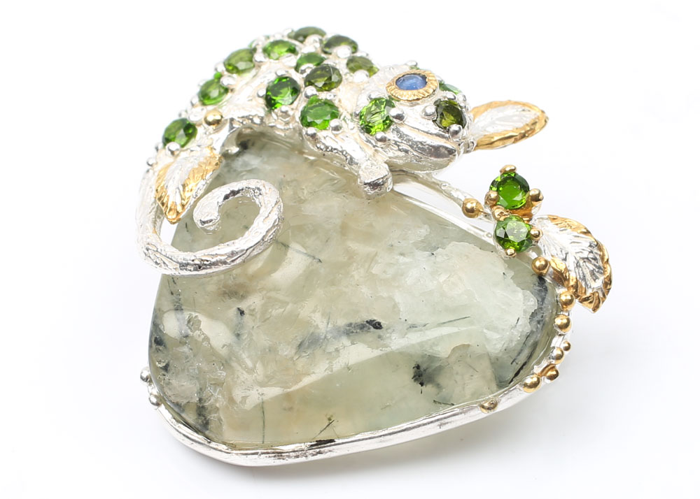 Sterling Prehnite, 1.60 CTW Peridot and Sapphire Gecko Brooch with Gold Wash