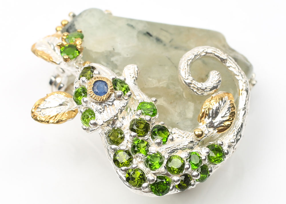 Sterling Prehnite, 1.60 CTW Peridot and Sapphire Gecko Brooch with Gold Wash