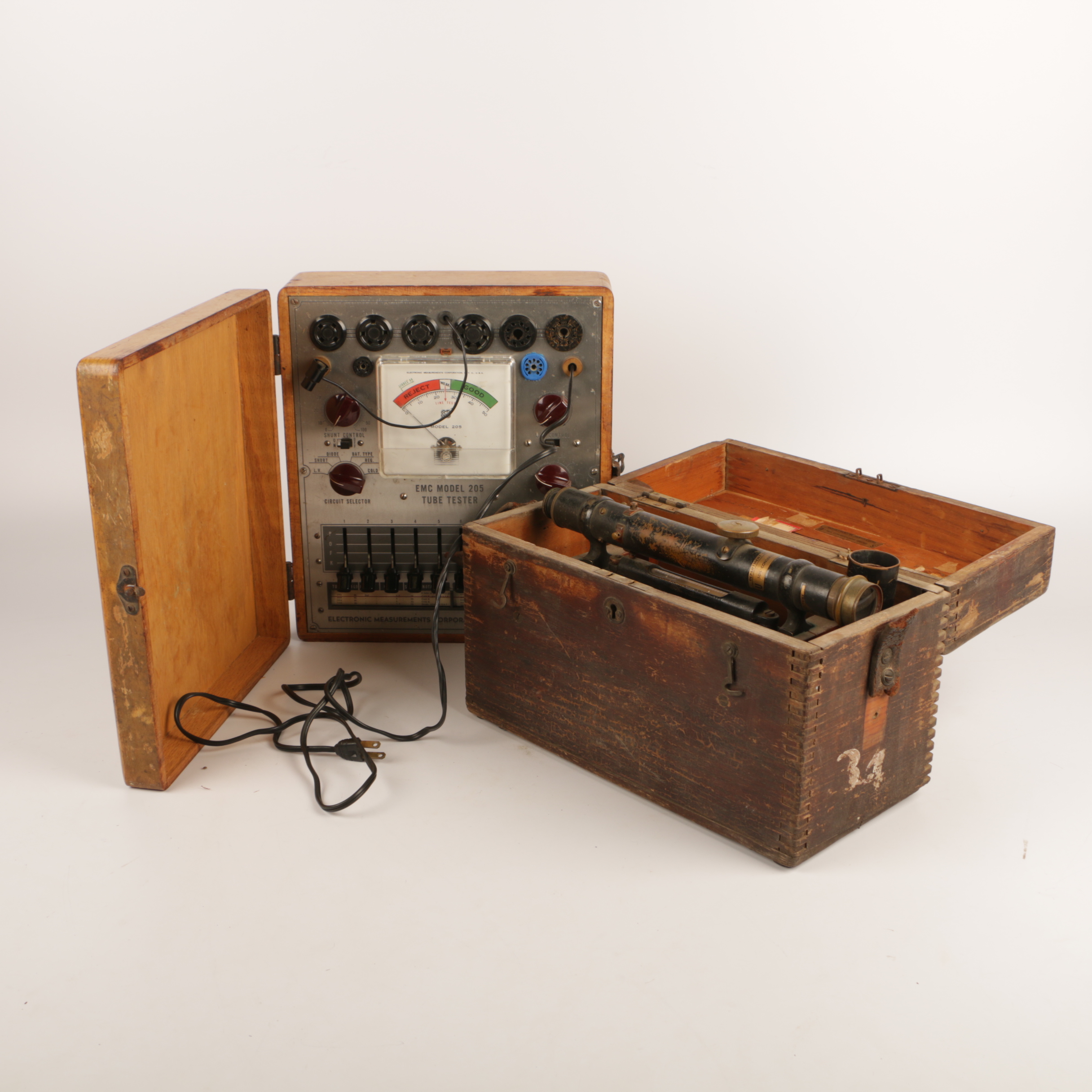 Vintage Surveyors Transit and EMC Model 205 Vacuum Tube Tester