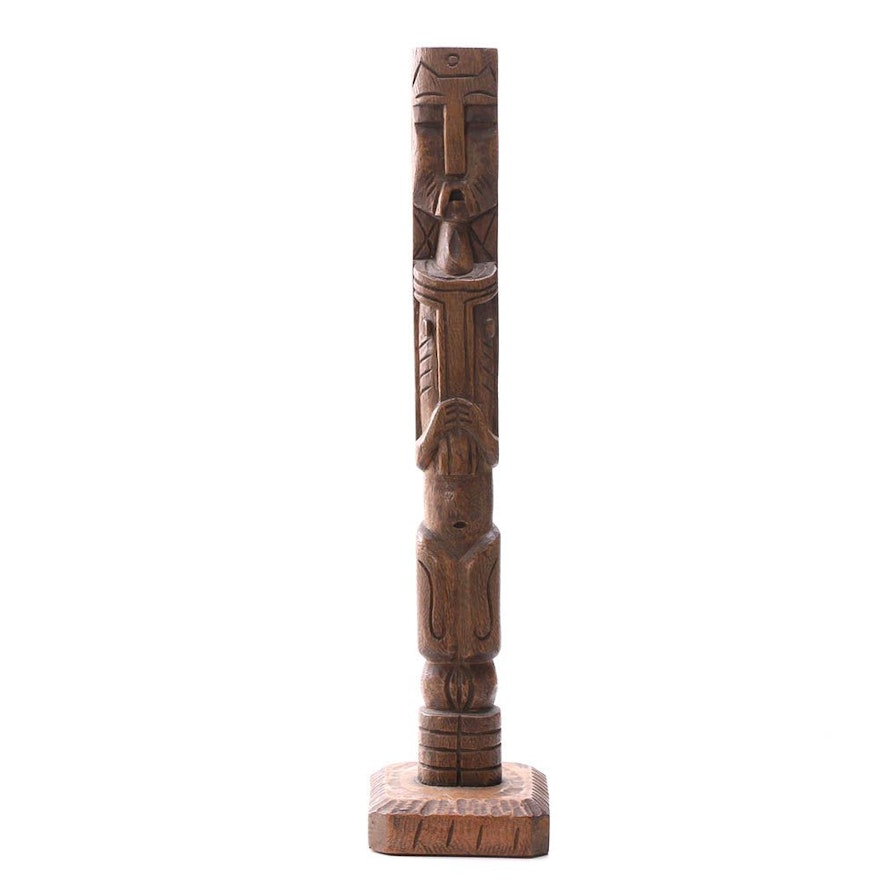 Hand-Carved Wooden Totem Inspired Sculpture