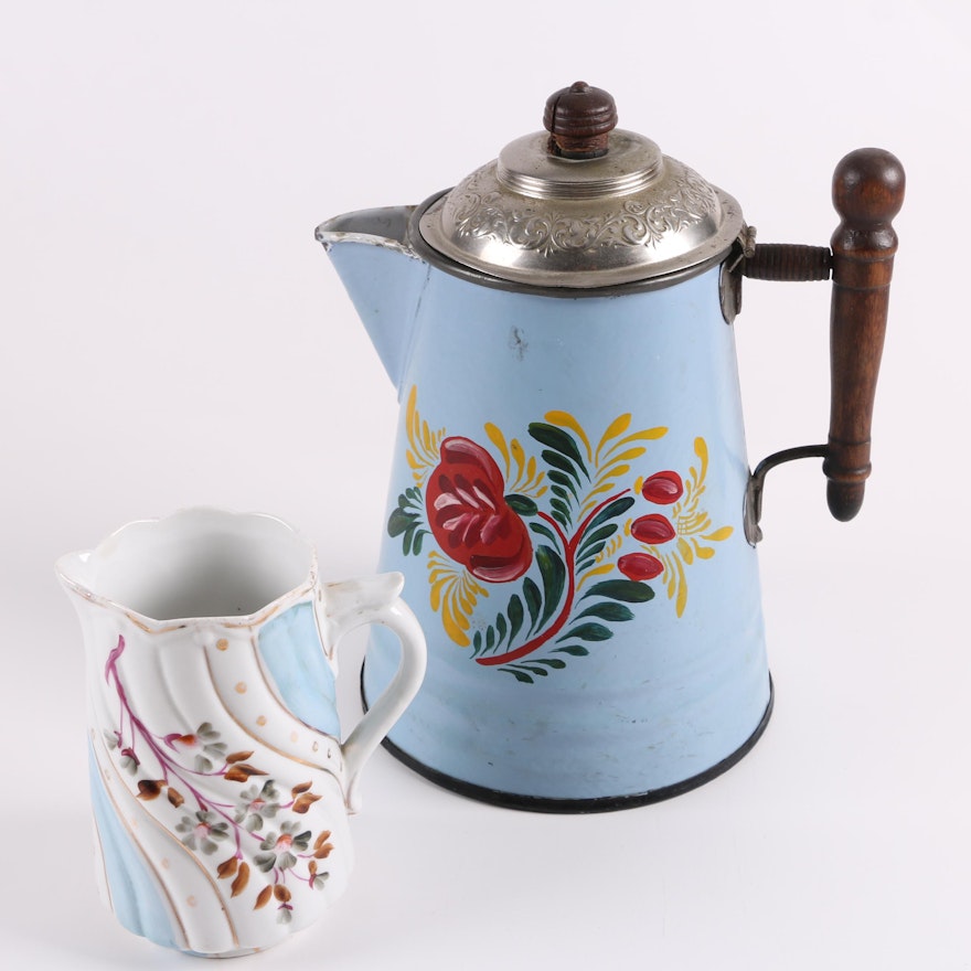 Vintage Enameled Coffee Pot and German Porcelain Jug