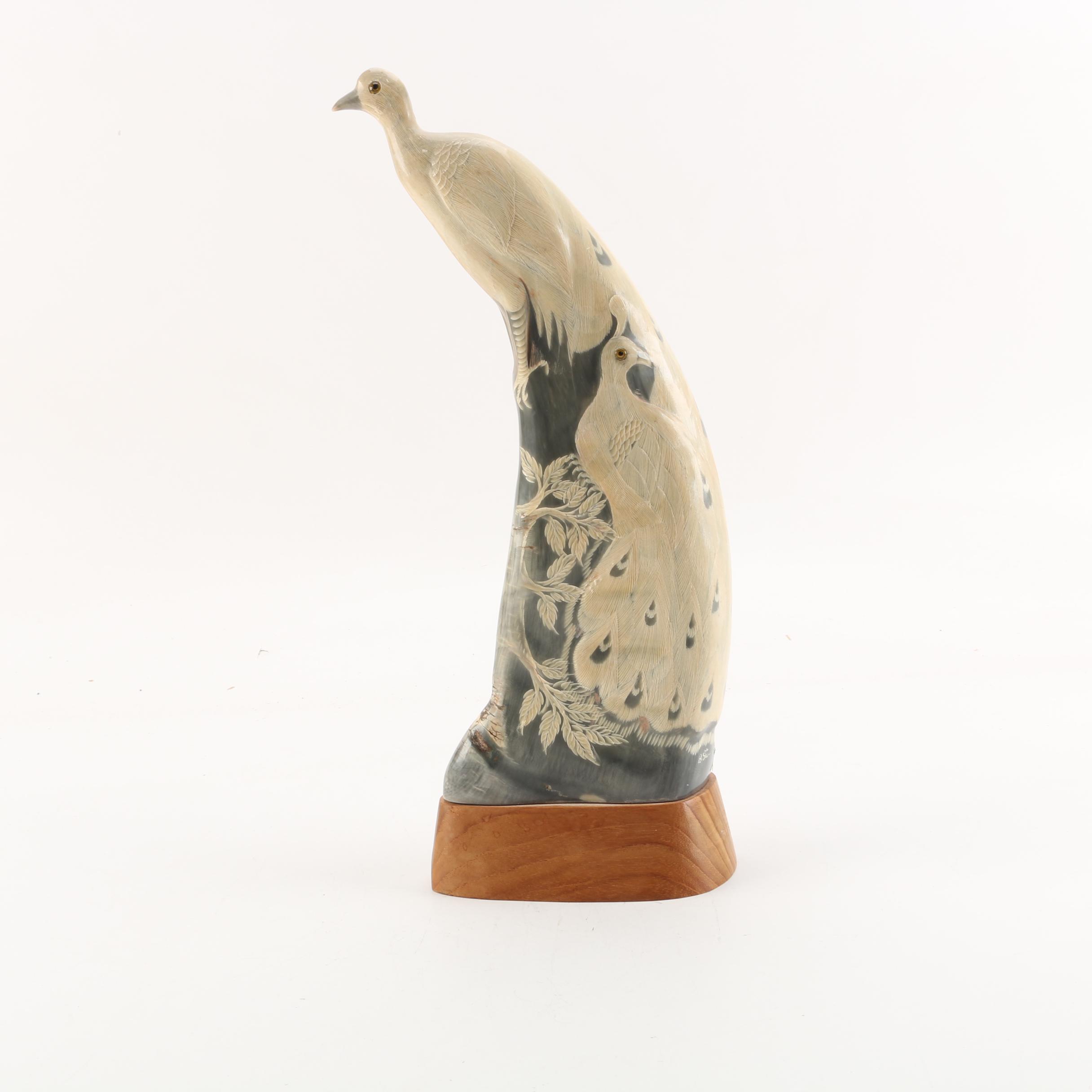 Peacock Carving on Water Buffalo Horn