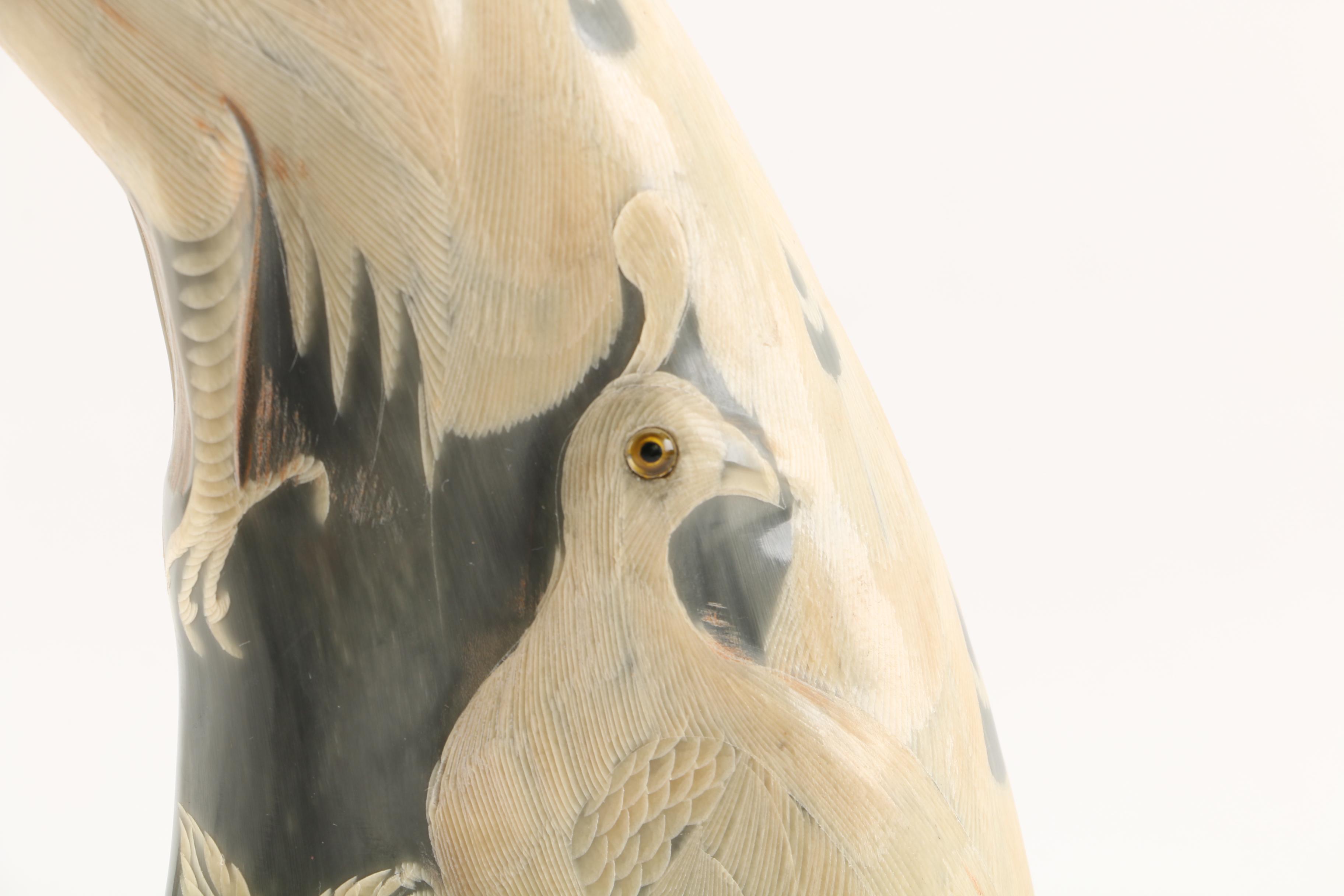 Peacock Carving on Water Buffalo Horn