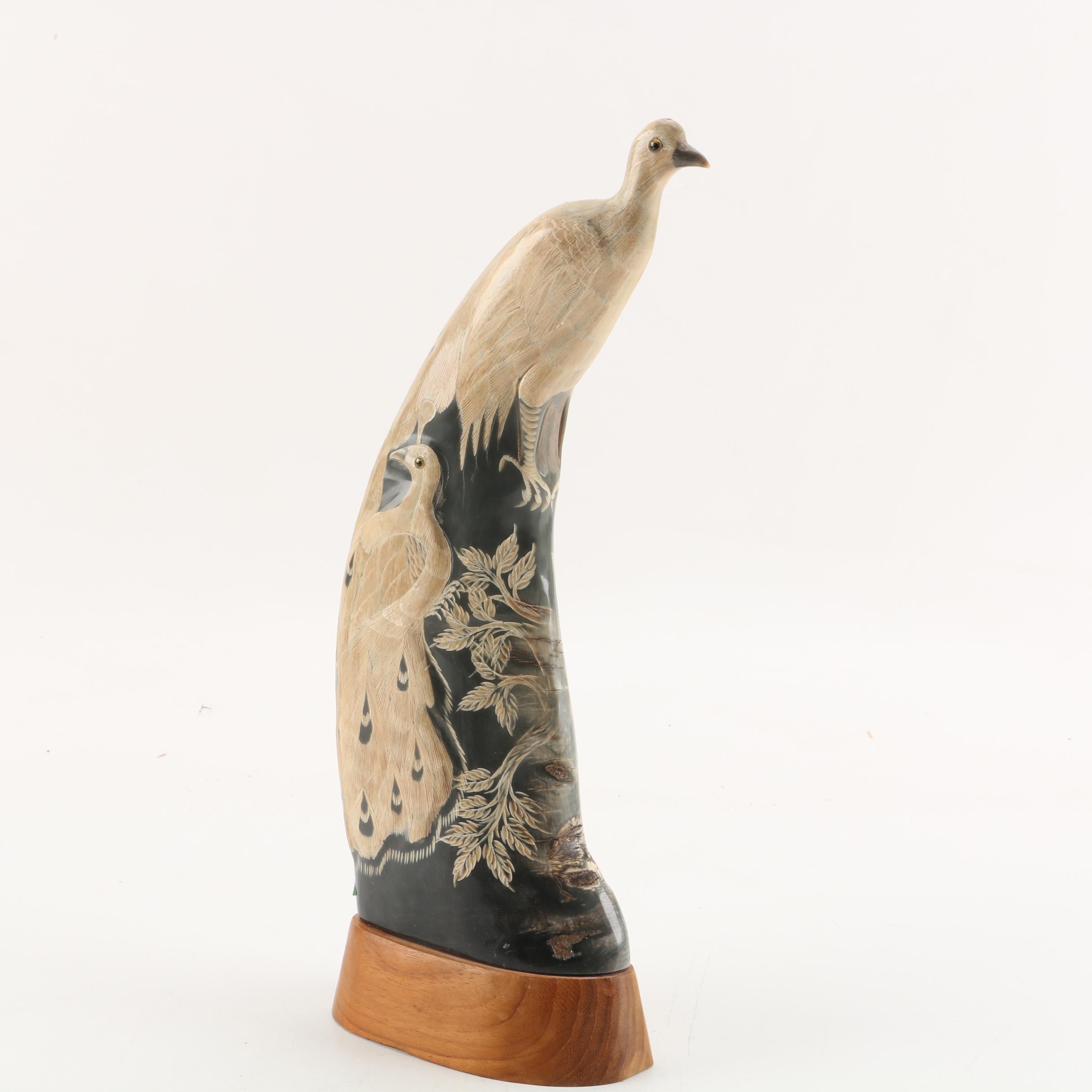 Peacock Carving on Water Buffalo Horn