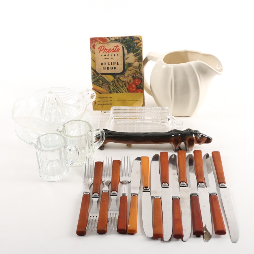 Vintage Kitchenware Including McCoy Pitcher and Robinson Knife Co. Flatware